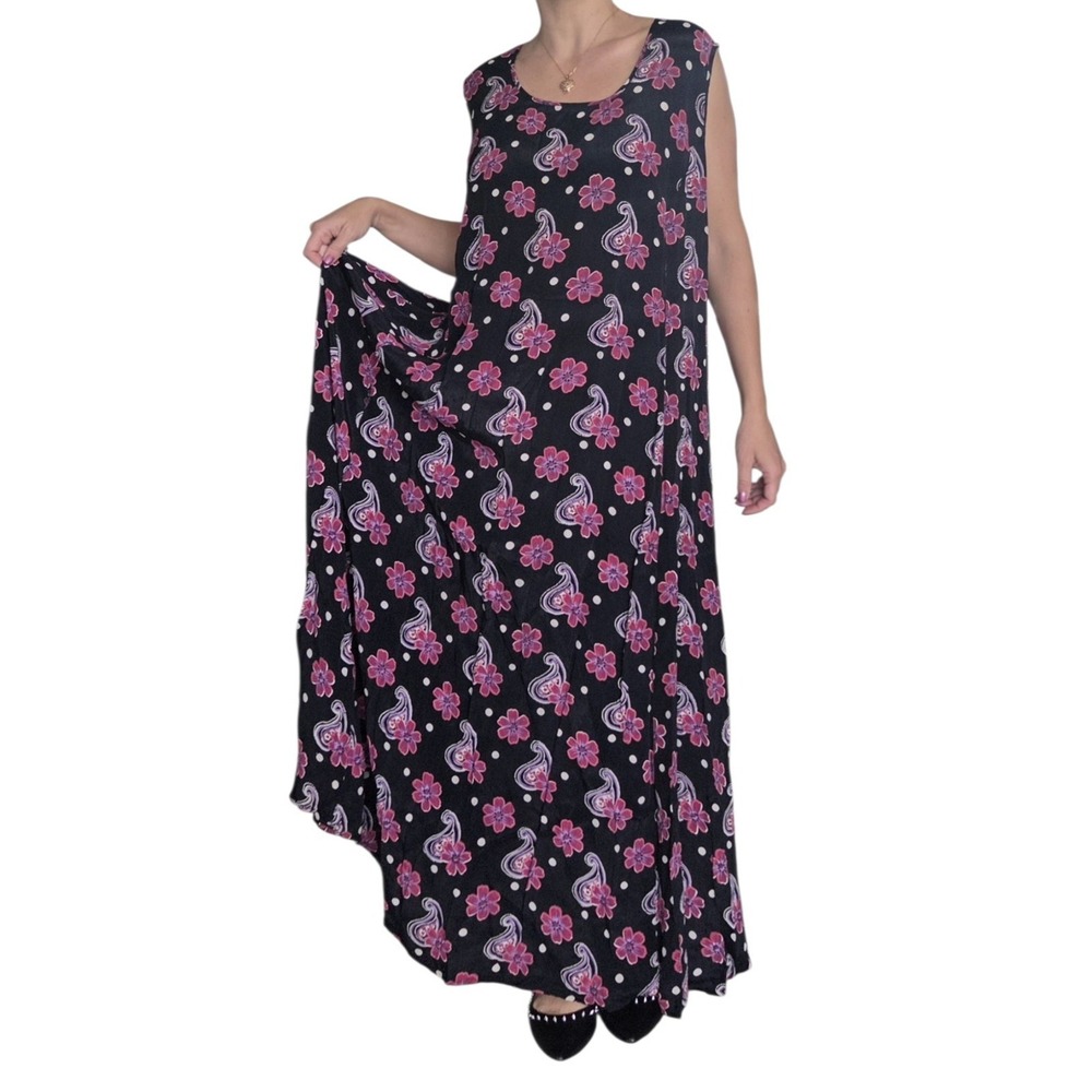 VTG 90's Floral Cottagecore Black Rayon Maxi Dress L‎ Boho Paisley Relaxed Artsy